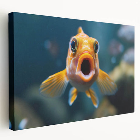 Stretched canvas wall art featuring a vibrant marine life fish design, showcasing colorful fish swimming amidst coral, ideal for ocean-themed decor.