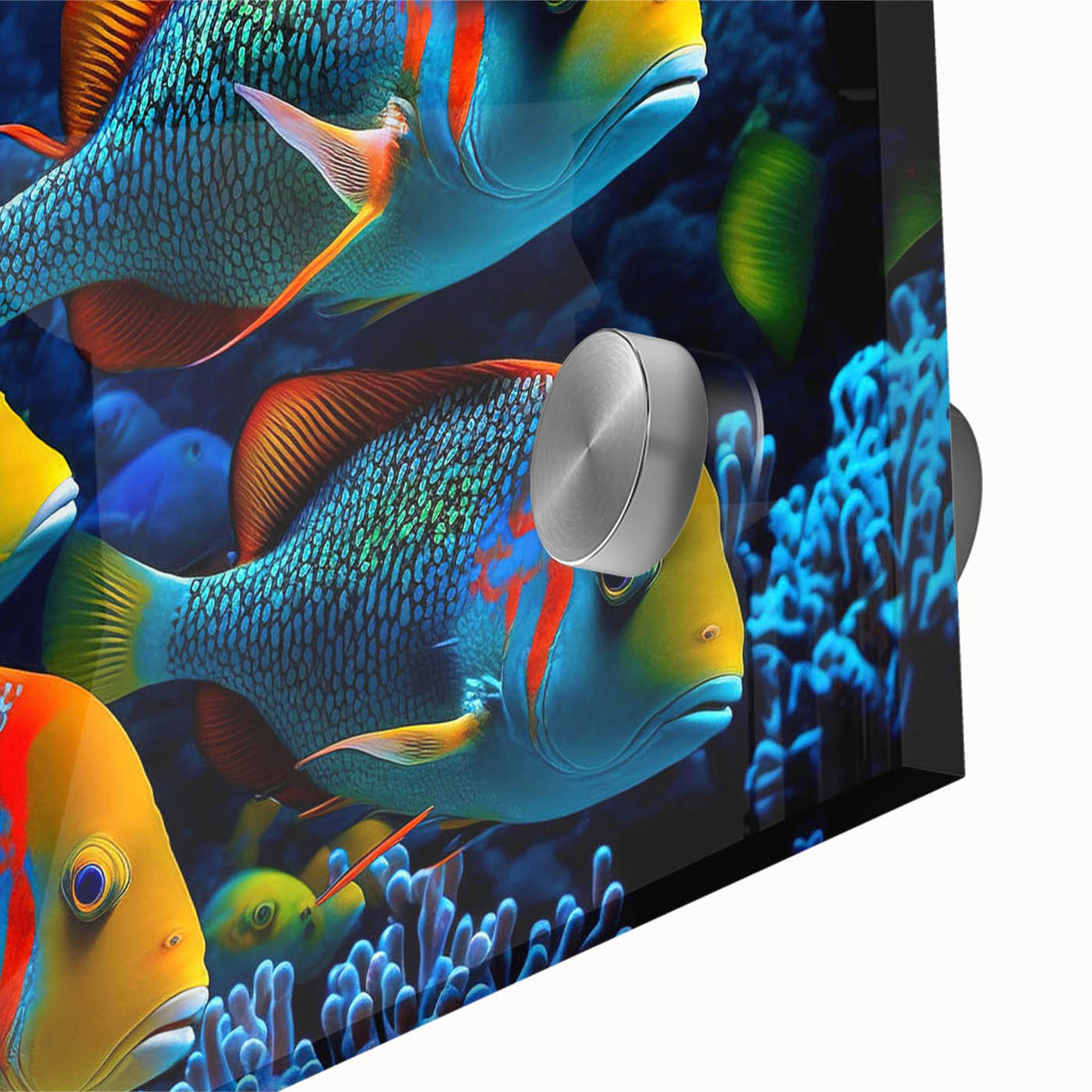 Close-up of vibrant marine life wall art design showcasing colorful fish and aquatic plants, printed on acrylic glass for a modern decor accent.