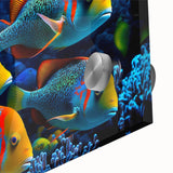 Close-up of vibrant marine life wall art design showcasing colorful fish and aquatic plants, printed on acrylic glass for a modern decor accent.