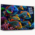 Side view of a marine life fish design wall art collection, showcasing vibrant ocean-themed acrylic glass artwork with decorative pins, perfect for home decor.