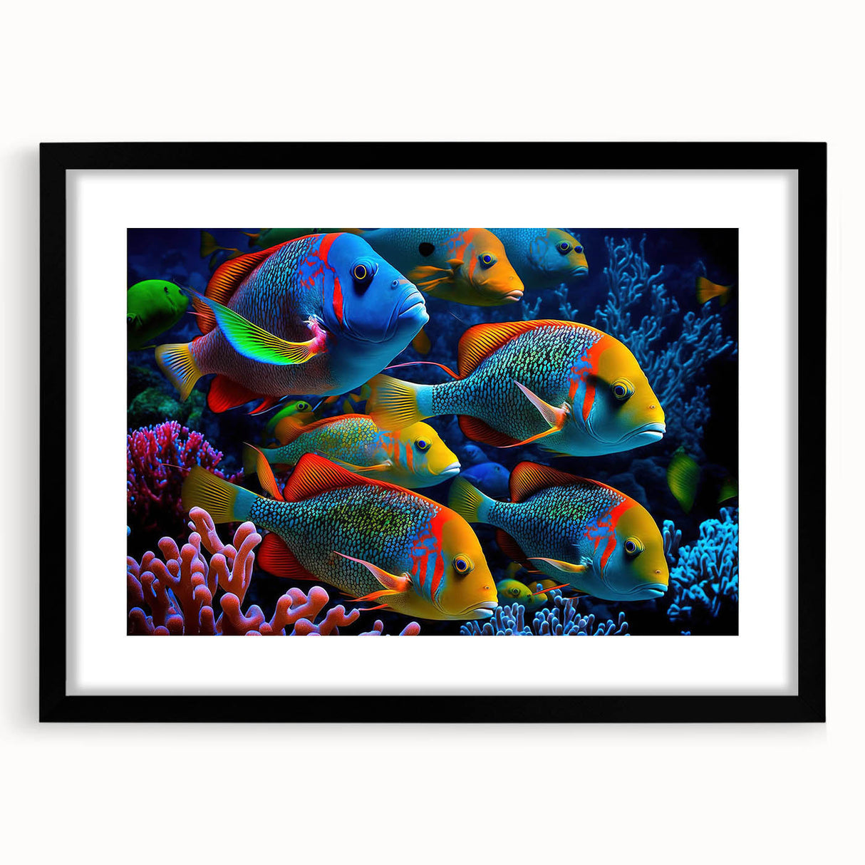 Framed wall art showcasing a vibrant marine life fish design, featuring intricate detailing and a sleek black frame, perfect for ocean-themed decor.