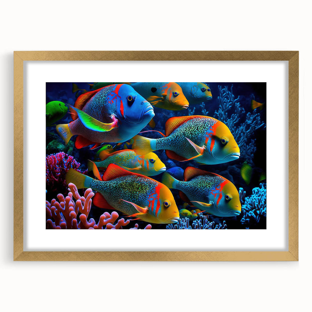 Framed wall art featuring a vibrant marine life fish design, with a gold frame and mat, showcasing colorful aquatic species against a serene background.