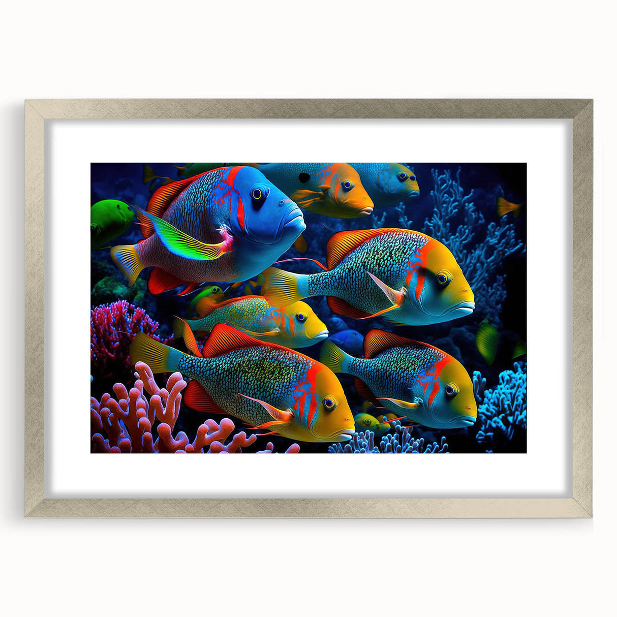 Framed wall art showcasing a vibrant marine life fish design, featuring a sleek silver frame and matting, perfect for coastal home decor, enhancing any living space.