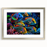 Framed wall art showcasing a vibrant marine life fish design, featuring a sleek silver frame and matting, perfect for coastal home decor, enhancing any living space.
