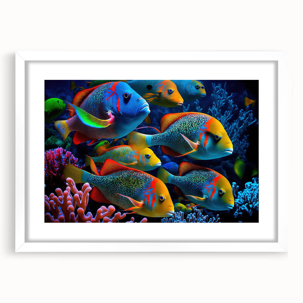 Stylish marine life wall art featuring a vibrant fish design in a white frame with a mat, perfect for ocean-themed decor, showcasing colorful aquatic elements.
