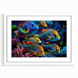 Stylish marine life wall art featuring a vibrant fish design in a white frame with a mat, perfect for ocean-themed decor, showcasing colorful aquatic elements.