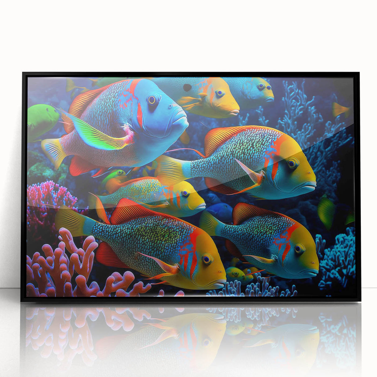 Framed wall art collection showcasing vibrant marine life fish designs in an elegant black frame, perfect for ocean-themed decor in modern homes.