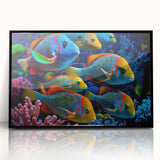 Framed wall art collection showcasing vibrant marine life fish designs in an elegant black frame, perfect for ocean-themed decor in modern homes.