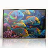 Framed wall art featuring a vibrant marine life fish design with a gold-accented frame, perfect for ocean-themed decor. Ideal for enhancing living spaces with colorful aquatic imagery.