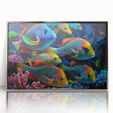 Framed wall art depicting a vibrant marine life fish design in shades of blue and silver, showcasing intricate details and textures against a sleek acrylic background. Perfect for ocean-themed decor.