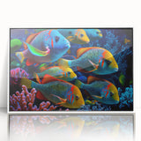 Framed acrylic wall art featuring a vibrant marine life fish design, showcasing colorful aquatic patterns against a sleek white background, ideal for ocean-themed decor.