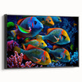 Framed wall art showcasing a vibrant marine life fish design on canvas, featuring a sleek black frame and side view perspective, perfect for ocean-themed decor.