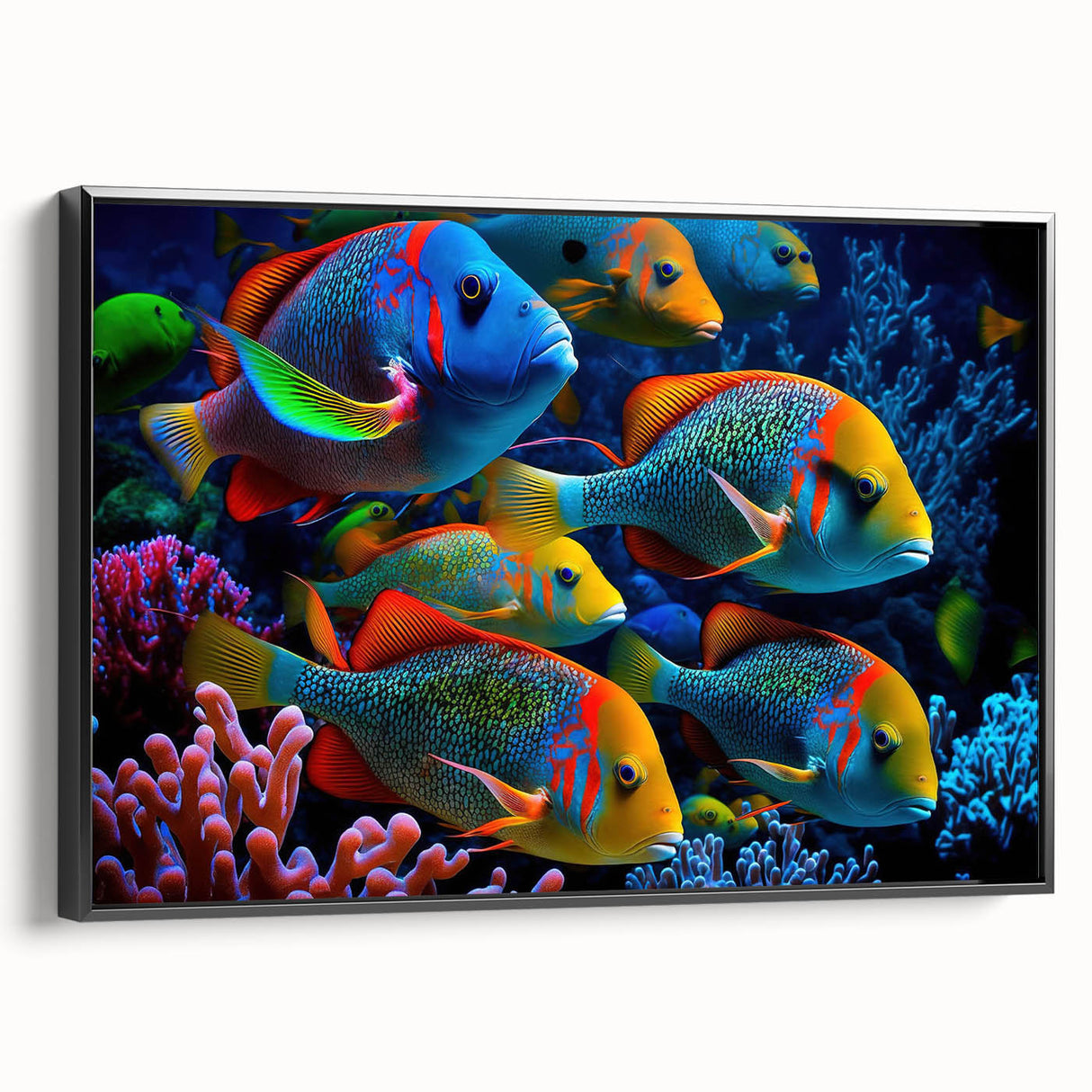 Framed wall art showcasing a vibrant marine life fish design on canvas, featuring a sleek black frame and side view perspective, perfect for ocean-themed decor.