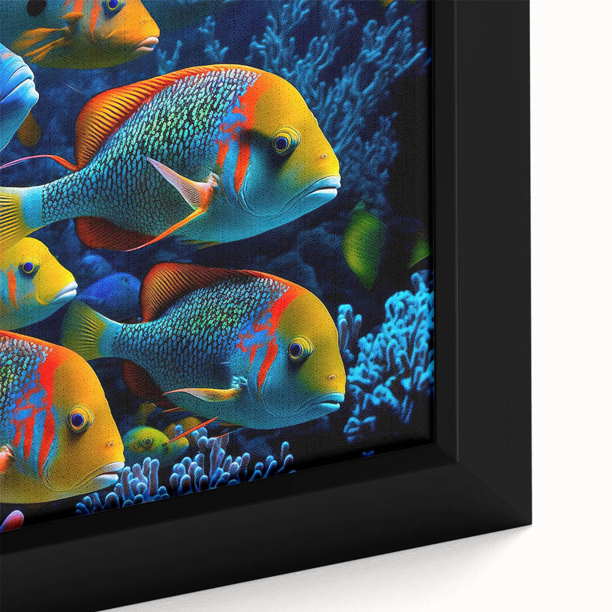 Close-up of a framed canvas wall art piece showcasing vibrant marine life fish design, featuring intricate details and bright colors, perfect for ocean enthusiasts.