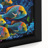 Close-up of a framed canvas wall art piece showcasing vibrant marine life fish design, featuring intricate details and bright colors, perfect for ocean enthusiasts.