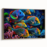 Framed canvas wall art showcasing a vibrant marine life fish design with gold accents, ideal for coastal decor. Side view highlights the frame's elegant finish.