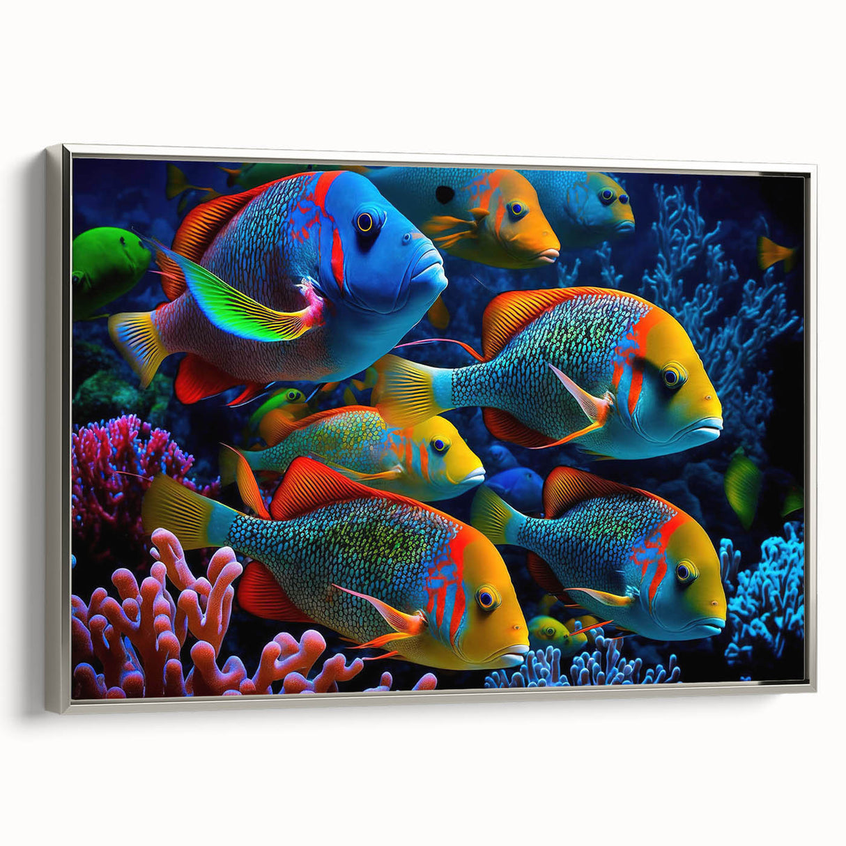 Framed wall art collection showcasing a marine life fish design in vibrant colors, featuring a sleek silver frame and perfect for coastal-themed decor.