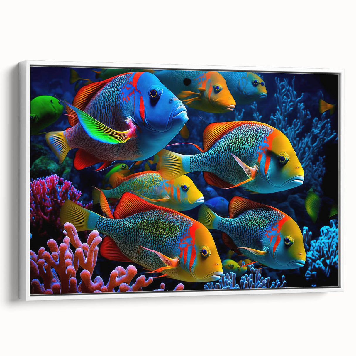 Framed canvas wall art showcasing a vibrant marine life fish design, emphasizing colorful aquatic species against a white background, perfect for ocean-themed decor.
