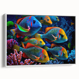 Framed canvas wall art showcasing a vibrant marine life fish design, emphasizing colorful aquatic species against a white background, perfect for ocean-themed decor.