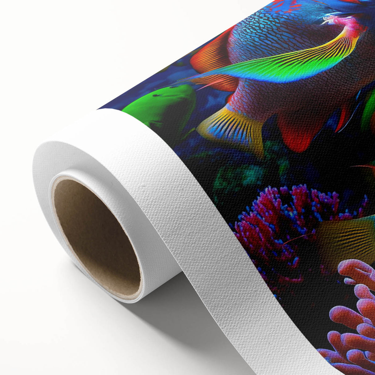 Vibrant marine life wall art design on rolled canvas, showcasing colorful fish and aquatic elements, perfect for ocean-themed decor or art enthusiasts.