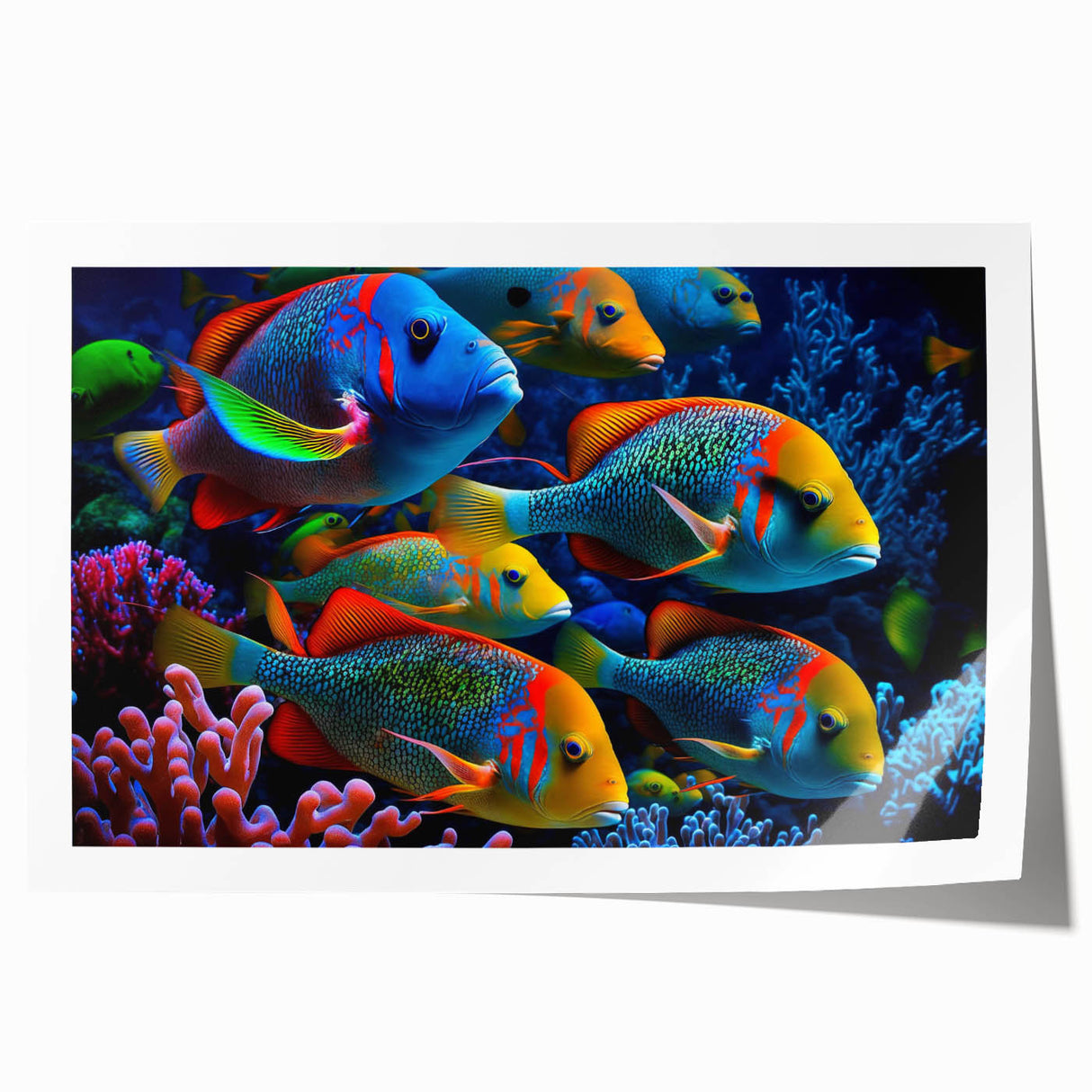 Vibrant marine life wall art print showcasing various colorful fish species against a serene blue background, ideal for ocean-themed decor and aquatic enthusiasts.