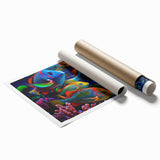 Vibrant marine life wall art print showcasing colorful fish designs, perfect for ocean-themed decor, rolled and ready for framing or display.