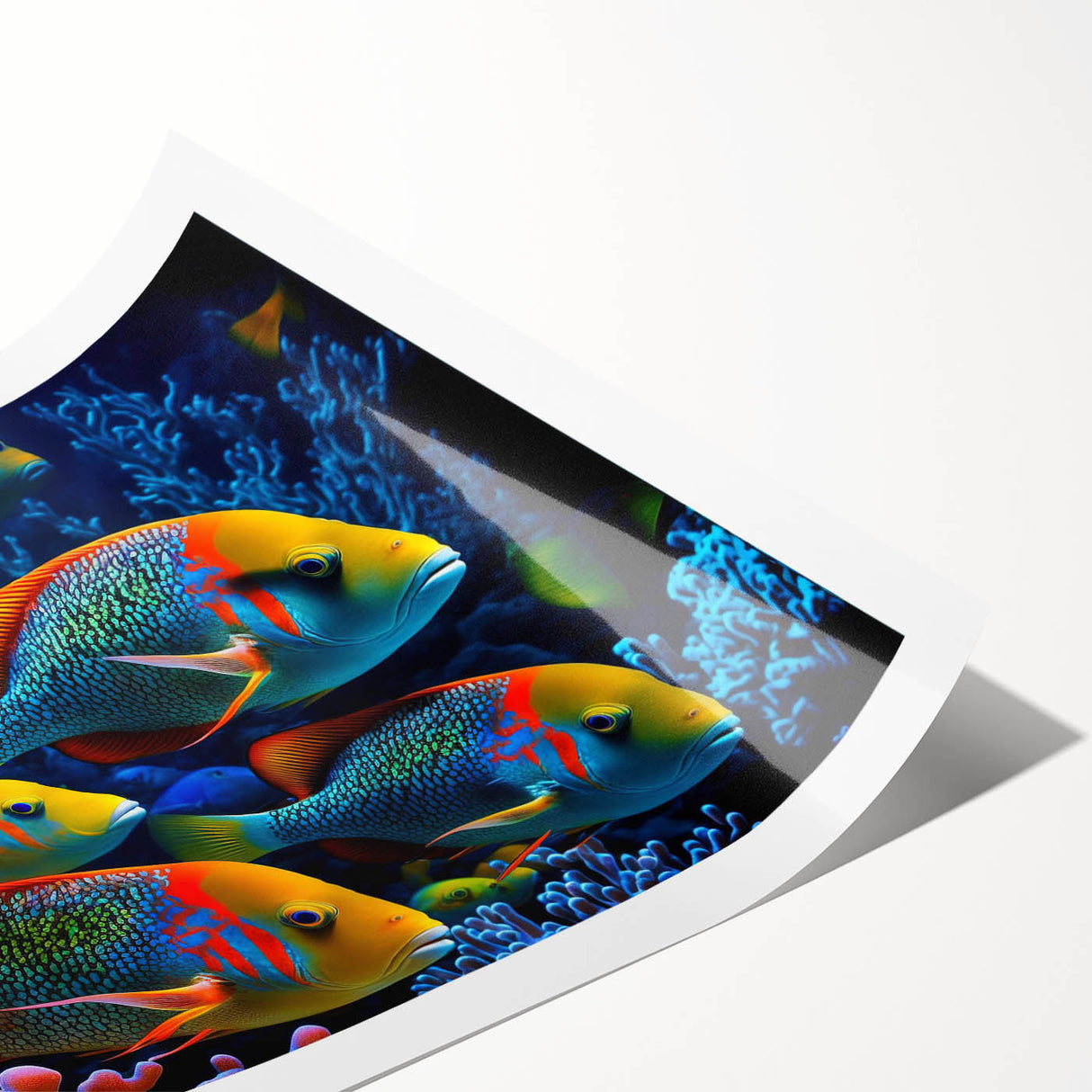 Vibrant marine life wall art print featuring colorful fish designs, ideal for home decor, presented as a rolled canvas for easy framing and display.