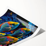 Vibrant marine life wall art print featuring colorful fish designs, ideal for home decor, presented as a rolled canvas for easy framing and display.