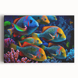 Stretched canvas wall art showcasing a vibrant marine life fish design in vivid colors, perfect for ocean-themed decor. Ideal for enhancing living spaces with a touch of aquatic beauty.