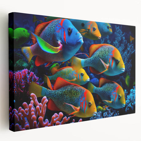 Stretched canvas wall art showcasing a vibrant marine life fish design in rich colors, perfect for coastal decor. Ideal for adding a lively touch to any room.