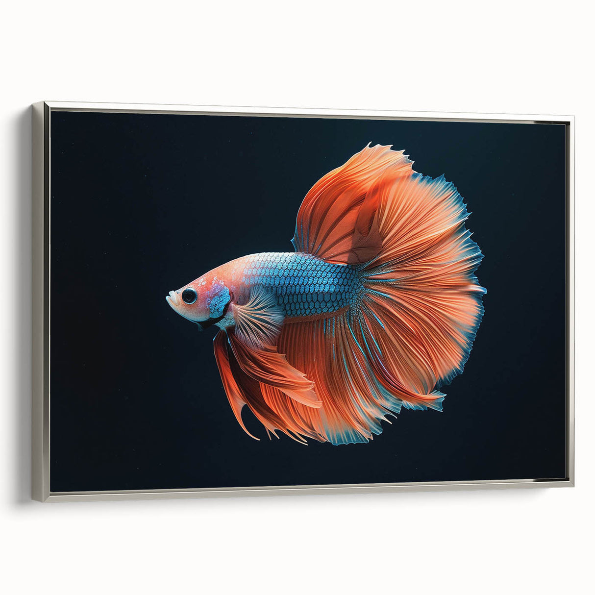 Framed canvas wall art showcasing a vibrant marine life fish design, featuring colorful aquatic creatures against a silver frame, perfect for ocean-themed decor.