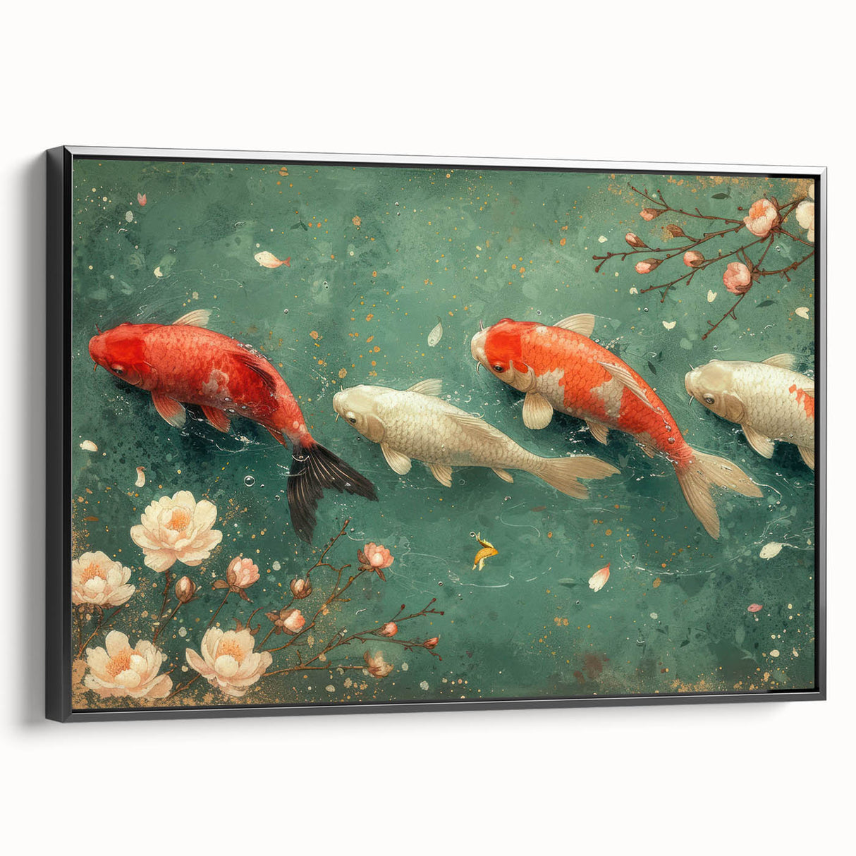 Framed canvas wall art featuring a vibrant marine life fish design, showcasing colorful aquatic creatures against a black background, perfect for ocean-themed decor.