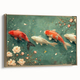 Framed canvas wall art showcasing a vibrant marine life fish design, featuring gold accents and a side view display, perfect for ocean-themed decor.