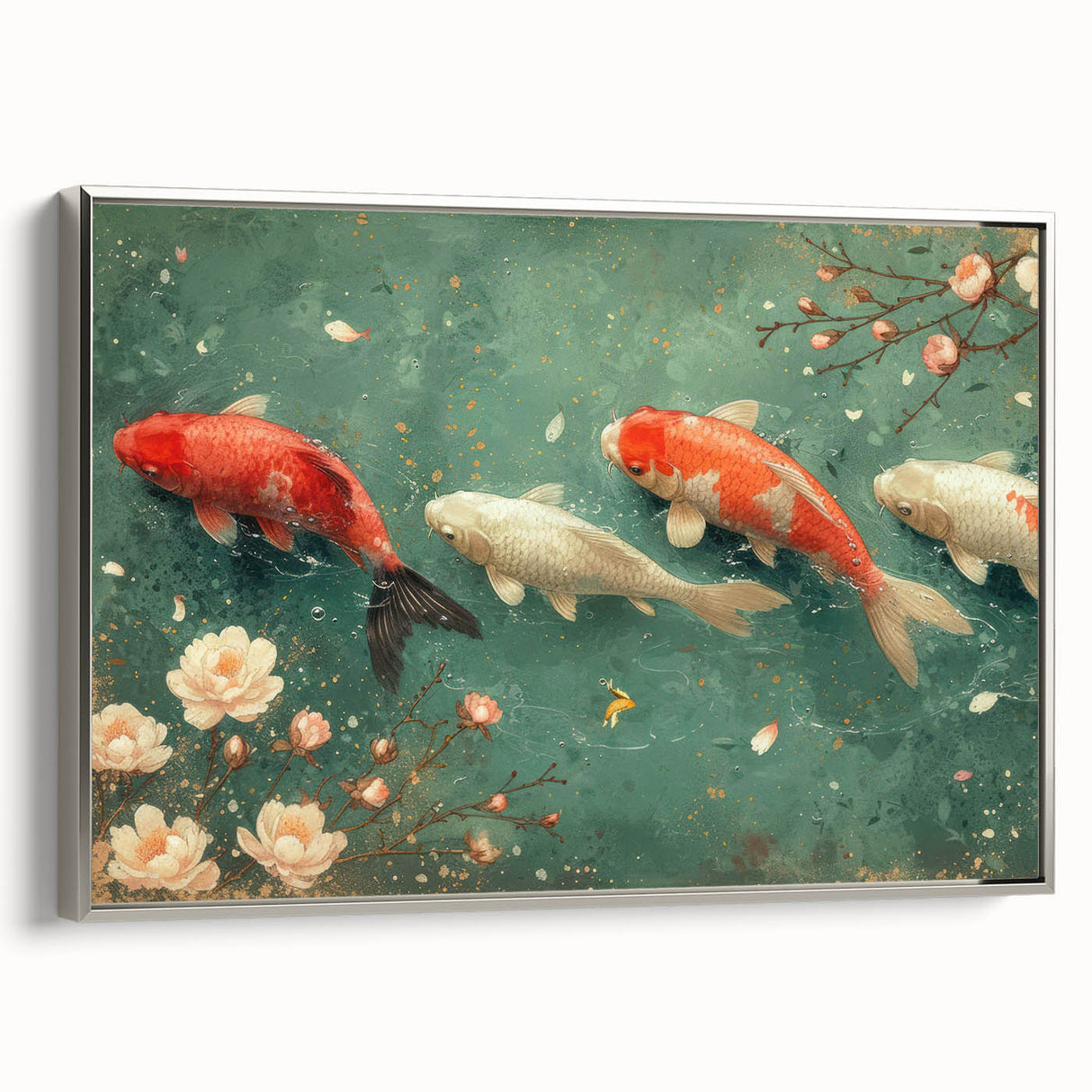Framed canvas wall art showcasing a vibrant marine life fish design, featuring colorful aquatic species and a sleek silver frame, ideal for ocean-themed decor.