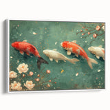 Framed canvas wall art showcasing a vibrant marine life fish design in colorful hues, displayed in a stylish white frame, perfect for ocean-themed decor.