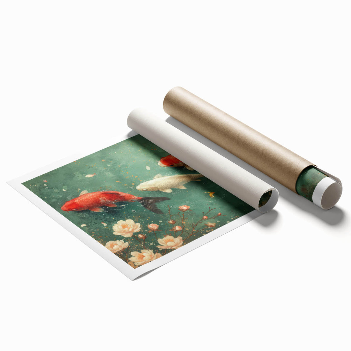 Vibrant marine life wall art print showcasing colorful fish designs, perfect for ocean-themed decor, rolled and ready for framing or display.