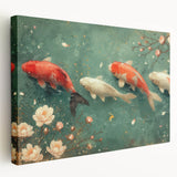 Stretched canvas wall art featuring a vibrant marine life fish design in vivid colors, showcasing intricate details of various fish species against a soft blue background, perfect for ocean-themed decor.