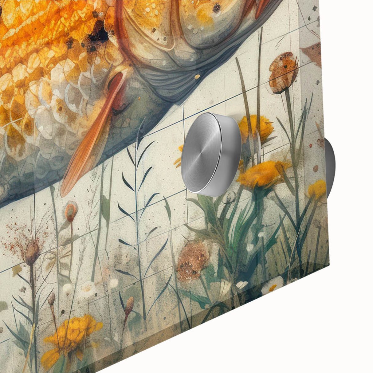 Vibrant close-up of a marine life wall art piece showcasing colorful fish designs, crafted on acrylic glass, perfect for enhancing coastal decor.