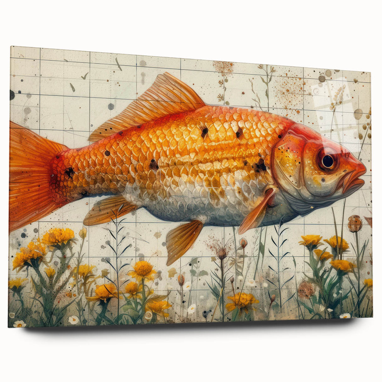Colorful marine life wall art design featuring various fish and aquatic elements, displayed in a sleek acrylic frame, showcasing a vibrant underwater scene. Perfect for ocean-themed decor.