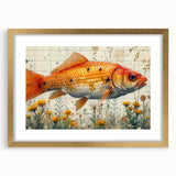 Elegant marine life wall art featuring vibrant fish designs in a gold frame with a mat, ideal for enhancing coastal-themed decor in living spaces.