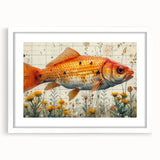 Framed wall art featuring a vibrant marine life fish design, showcasing colorful aquatic species. The artwork is set in a sleek white frame with a mat, perfect for ocean-themed decor.