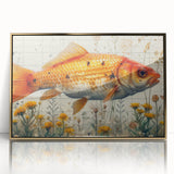 Framed wall art showcasing a vibrant marine life fish design in acrylic with a gold frame, ideal for ocean-themed decor and enhancing home aesthetics.