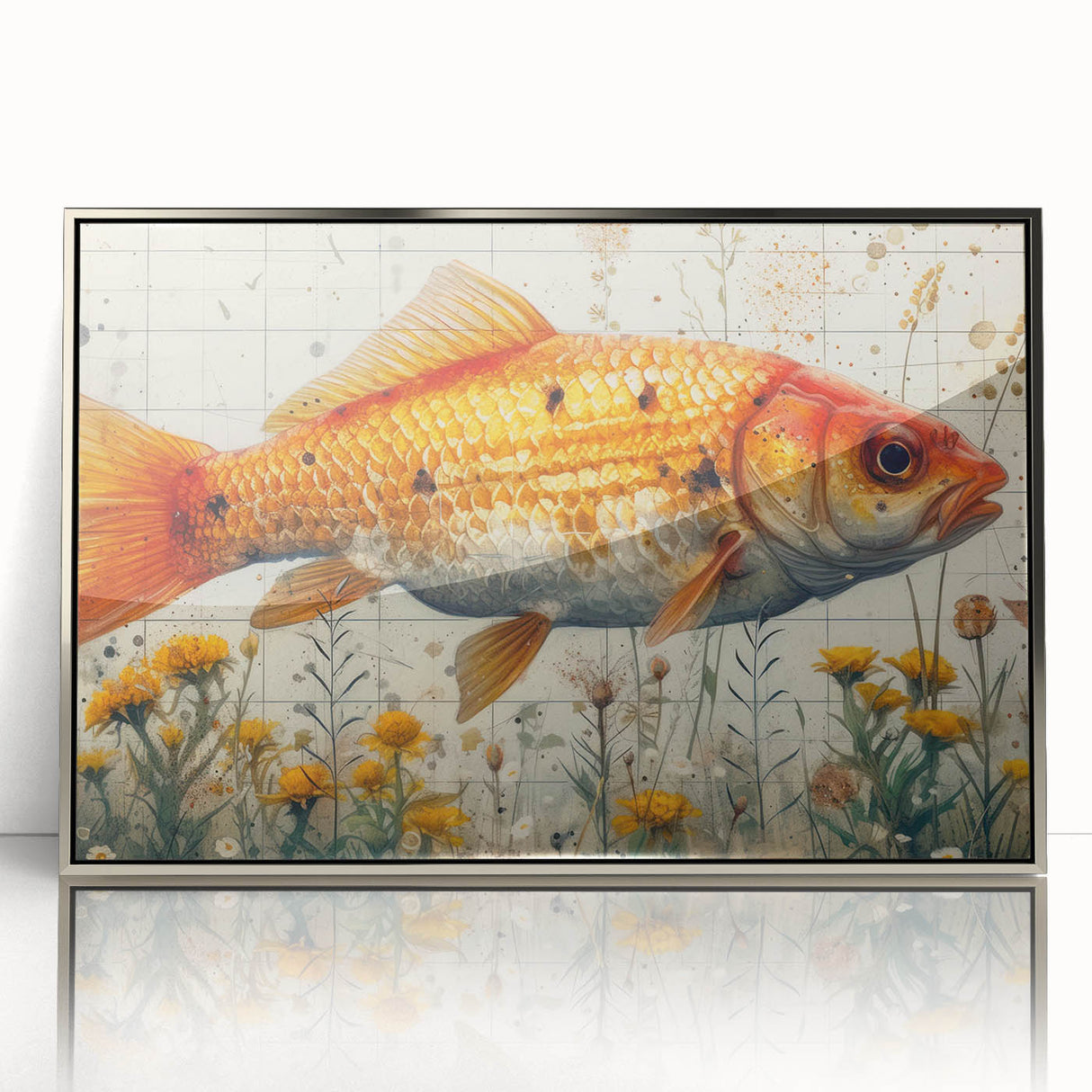 Framed wall art showcasing a vibrant marine life fish design in silver acrylic, perfect for ocean-themed decor, emphasizing colorful aquatic species.