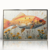 Framed wall art showcasing a vibrant marine life fish design in silver acrylic, perfect for ocean-themed decor, emphasizing colorful aquatic species.