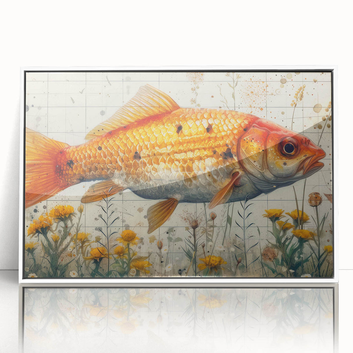 Framed acrylic wall art featuring a vibrant marine life fish design in a white frame, perfect for adding a colorful ocean theme to home decor. The intricate details of the fish and aquatic elements bring a lively touch to any room, ideal for ocean lovers and art enthusiasts alike.