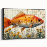 Framed canvas wall art showcasing a vibrant marine life fish design in vivid colors, set against a black background, ideal for ocean-themed decor.