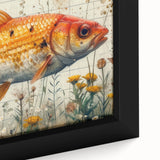 Close-up of a framed canvas wall art featuring vibrant marine life fish design, showcasing intricate details and colors, perfect for ocean-themed decor.