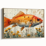 Framed wall art featuring a vibrant marine life fish design in a gold frame, showcasing colorful tropical fish against a serene ocean backdrop, perfect for home decor.
