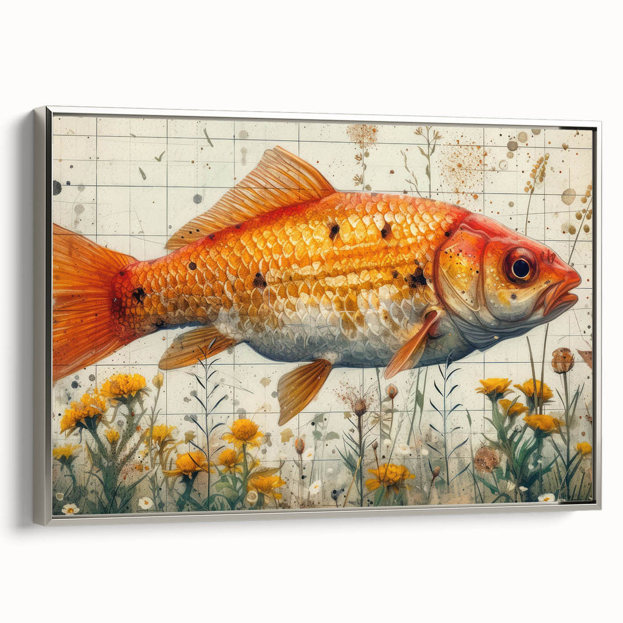 Framed wall art showcasing a vibrant marine life fish design in vivid colors, presented in a sleek silver frame, ideal for ocean-themed decor.