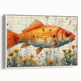Framed canvas wall art featuring a vibrant marine life fish design, showcasing colorful aquatic species on a white background, ideal for ocean-themed decor.
